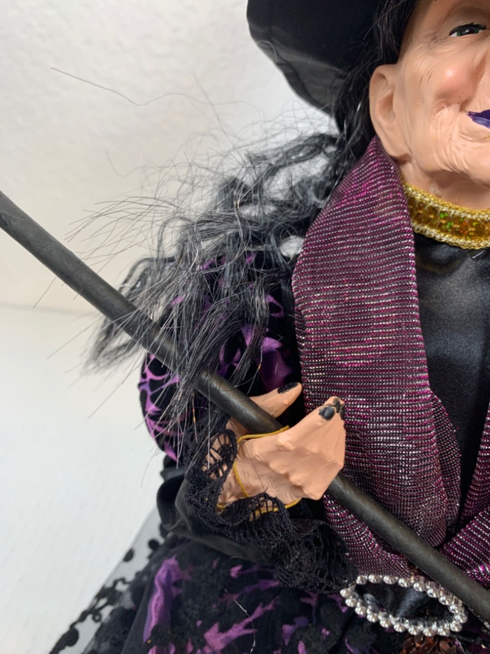 Spooky Old Witch With Broom Doll Shelf Sitter Purple Black Halloween Scary Decor - Picture 6 of 16